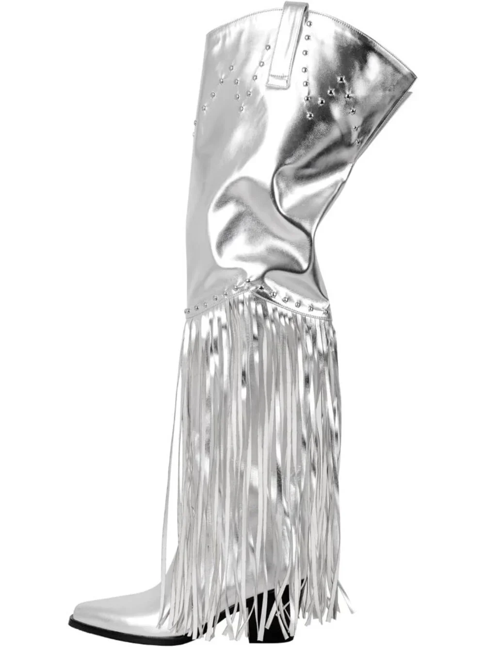 Women's Silver Pointed Toe Fringe Wide Calf Cowgirl Over The Knee High Boots